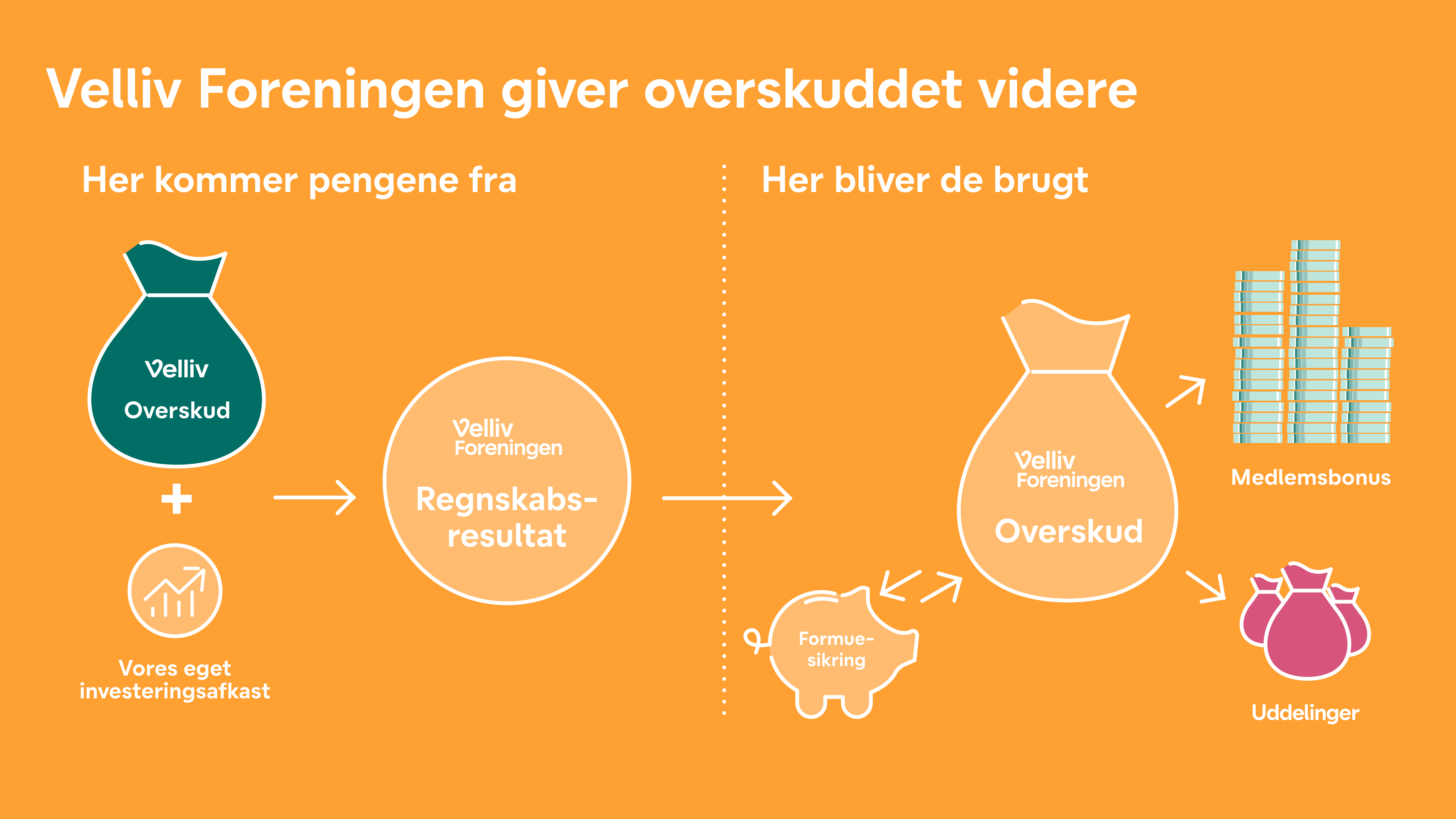 Overskuddet fra ejerskabet af Velliv og egne investeringer fordeles til formuesikring, bonus og almennyttige uddelinger.